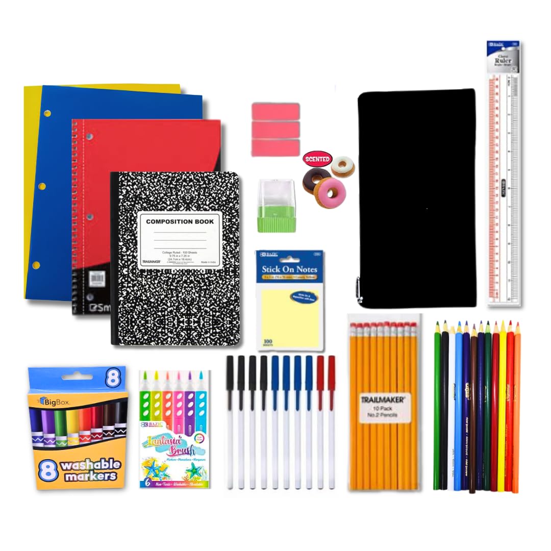 Complete School Supply Set – 50 Back to School Essentials for Kids – Includes Writing Tools, Art Supplies, Notebooks, Folders & Accessories – Great for Grades 1–8