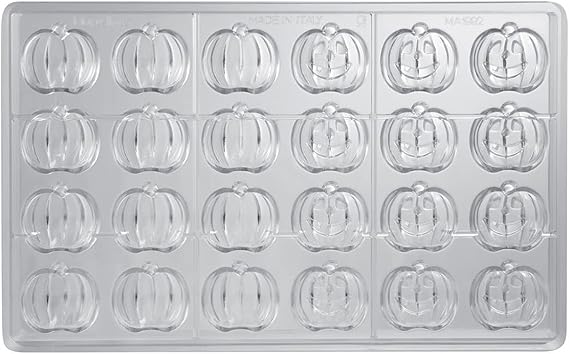 Martellato MA1992 Clear Polycarbonate Chocolate Mold with 12 + 12 Halloween-Pumpkin Cavities, Each 34mm x 31mm x 15mm High