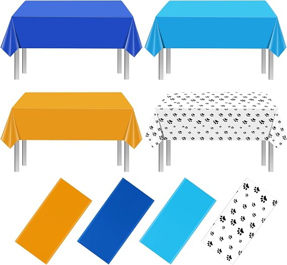 MASHAN 4 Pack Paw Print Plastic Tablecloths,Blue Orange Puppy Table Cloth Disposable Rectangle Table Covers for Kids Birthday Party, Dog Puppy Birthday Party Decorations and Supplies, 108 * 54inch