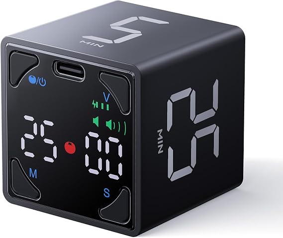Ticktime Pomodoro Timer Cube, with 25/5 Auto Cycles, 5/25/30/60 Min Presets, Custom Timer, Stopwatch, Magnetic, Rechargeable, Silent, Vibrate & Sound, for Task, ADHD, Study, Work, Meeting, Black