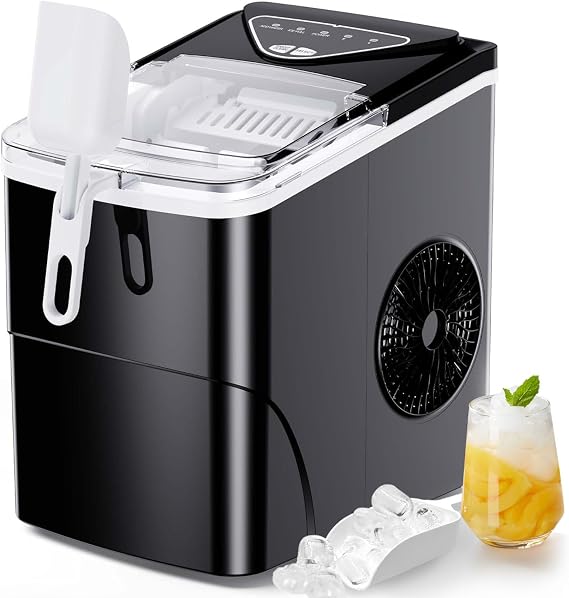 Totnz Countertop Ice Maker - Self-Cleaning Ice Machine, 26 Lbs in 24 Hrs, Compact Ice Makers with Ice Basket & Scoop, 2 Ice Sizes for Party/Dorm, Black