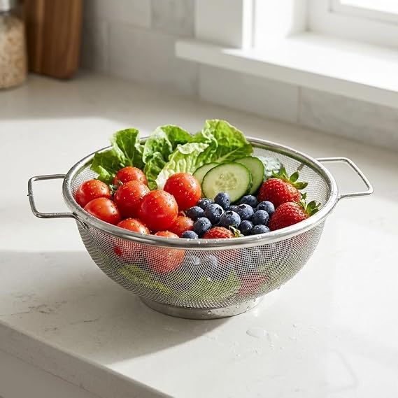 Deconox Paslanmaz Çelik Çift Kulplu Sepet Süzgeç 22cm*10cm, Salata Süzgeci Meyve Süzgeci, Makarna Süzgeci, Paslanmaz Çelik Çift Kulplu 22cm Sepet Süzgeç SPT22