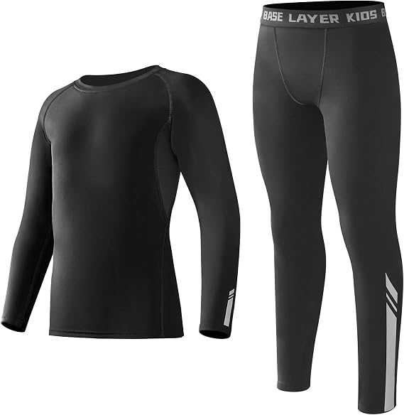 Startseite Base Layer Kids - Athletic Breathable Kids Thermals with Reflective Strips Long Sleeve Compression Base Layer Set, Fleece Lined Football Skins for Football Hockey Sports,Black