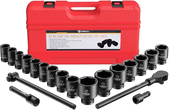 3/4" Drive Jumbo Impact Socket Set, 21 Piece Shallow Socket Assortment, 6-Point Standard SAE Sizes (3/4-Inch to 2-Inch) | Cr-V Steel