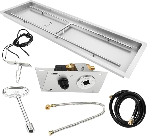 48"x14" Rectangular Fire Pit Pan Kit for Indoor or Outdoor Fire Table | Stainless Steel Drop-in Fire Pit Pan with H-Shaped Burner, Spark Ignition Kit