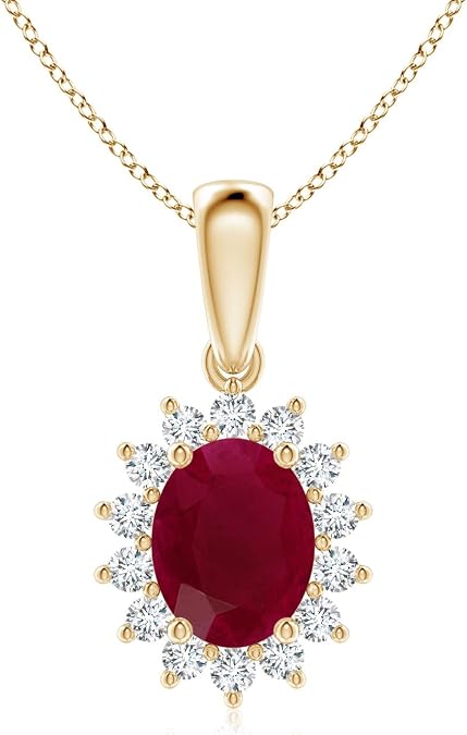 Angara Oval Ruby Necklace with Floral Diamond Halo in 14K Solid Gold/Platinum | Natural Ruby Solitaire Pendant for Women | July Birthday, Anniversary, Gemstone Jewelry Gift