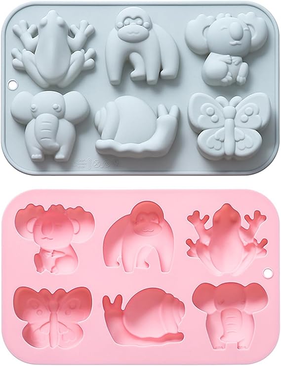 6 Cavities Animal Shape Chocolate Mold, Baking DIY Tools Different Animals Cartoon Silicone Mould, Set of 2 Pieces Non Stick Molds for Cake Chocolates Jelly Candy Cookie, etc