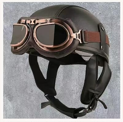 German Style Leather Motorcycle Half Helmet Open Face Skull Cap Helmet DOT Certified Lightest Low Profile Street ATV Moped Helmet for Vintage Cruiser Scooter Jet Helmets for Men Women