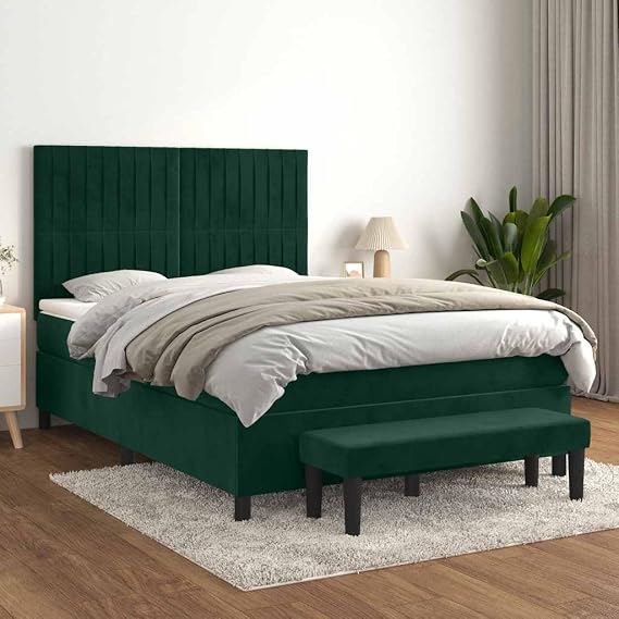 Box Spring Bed with Mattress, Dark Green, 140 x 200 cm, Velvet, Adjustable Headboard, Pocket Spring, Skin-Friendly Mattress Topper, Includes Bench,