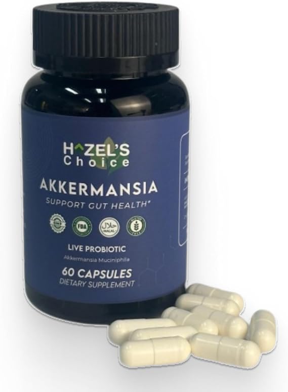 HAZEL'S Choice akkermansia probiotic 60 Capsule Bottle Vegan - Non-GMO - No Refrigeration Needed - No Preservatives probiotico akkermansia Gut-Friendly Daily Routine