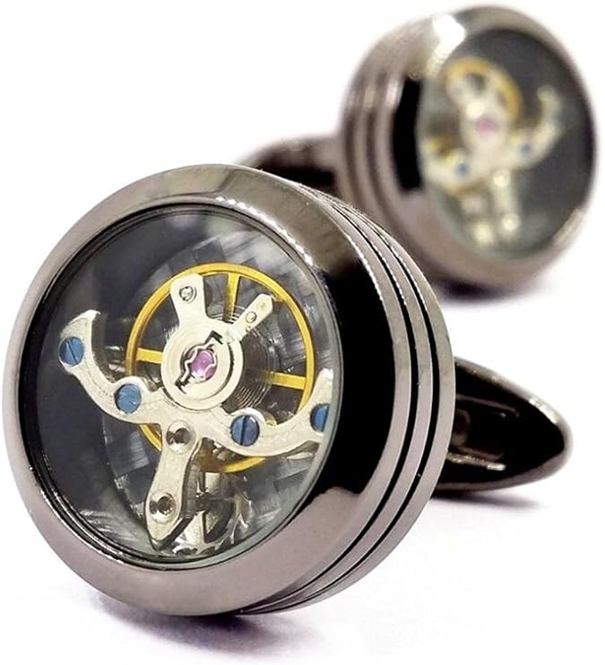 Vintage Watch Steampunk Cufflinks Mechanical Watch Movement Cufflinks (Gun Color,Tourbillon-2)