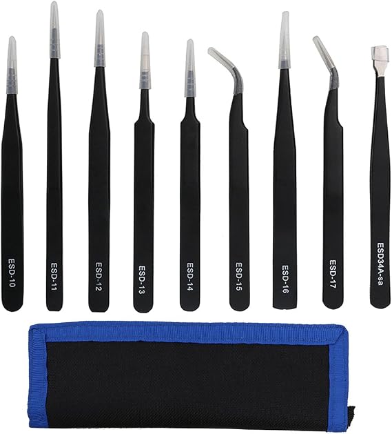 9Pcs Professional ESD Anti-Static Stainless Steel Tweezers Set Tweezer Maintenance Tools for Electronics, Jewelry-Making, Laboratory Work Hobbies, in Rolling Package