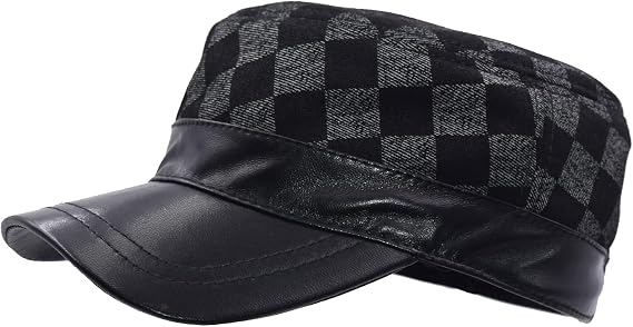 Classic Men's Leather Military Cadet Cap Army Style Adjustable Black Hats