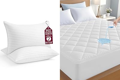 LUX Decor Mattress Pad  Bed Pillows Set of 2 Quilted Fitted Mattress Cover with Hotel Collection Down Alternative Pillows Soft, Breathable, Noiseless Bedding Bundle