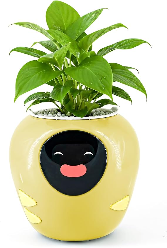 Plantbot Upgraded Large Smart Flower Pot Pet Planter Robot with Artificial Intelligence, Time Temperature Display, and Numerous Expressive Animations Based, for Indoor Decoration, Gifts (Yellow)