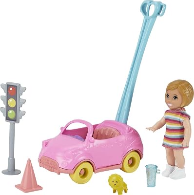 Barbie Skipper Babysitters Inc. Accessories Set with Small Toddler Doll & Toy Car, Plus Traffic Light, Cone, Cup & Lion Toy, Gift for 3 to 7 Year Olds, White