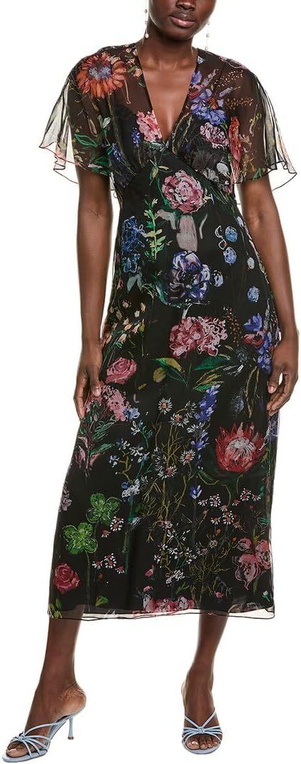 Lela Rose Cold-Shoulder Silk Midi Dress