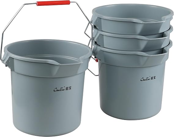 4-Pack 3.5 Gallon Industrial Round Utility Pail with Handle, Gray | 14 Quart, Plastic, Car Wash Bucket