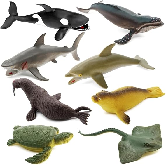 Sea Animal Toy Set, 8 pcs Animal Sea Figures Ocean Toy for Kids, Realistic Set for Sea Lovers, Includes Great White Shark, Dolphin, White Shark, Whale for Age 3+, Gift for Christmas