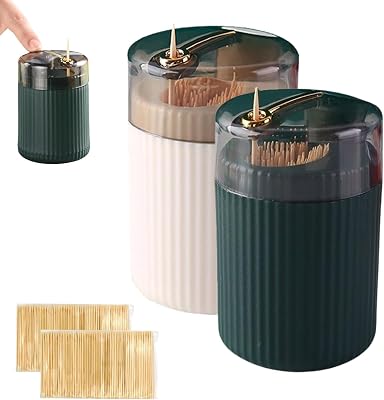 Pop-Up Automatic Toothpick Dispenser, Automatic Dispenser with 200Pcs Toothpicks for Home Livingroom Kitchen Restaurant Dark GreenWhite