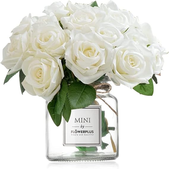 ALISENS Artificial Rose Flowers with Vase,Fake Silk Rose Bouquet with Glass Jar Home Rope for Wedding Proposal Bride Home Table Decoration Hobby Lobby Decor (White)