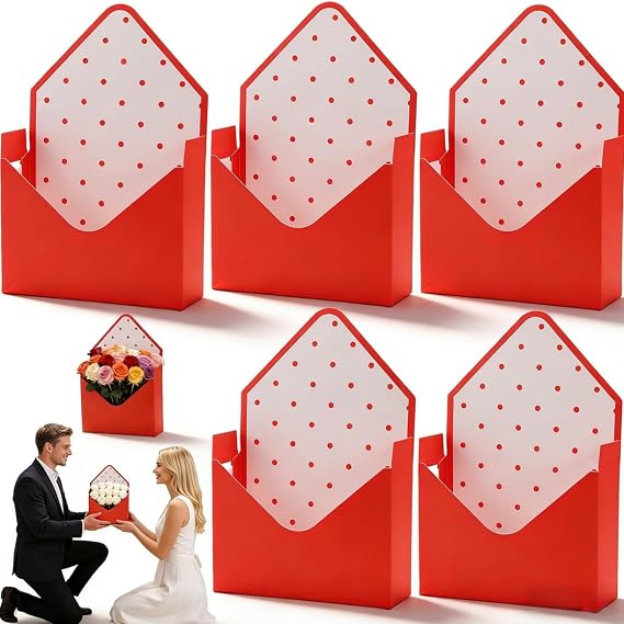 Valentine Envelope Boxes, Valentines Day Red Envelope Gift Box, Flower Bouquet Packaging Paper Boxes, Foldable Decorative Gift Boxes for Wedding Birthday Mother's Day Party Arrangements (Red 5pcs)