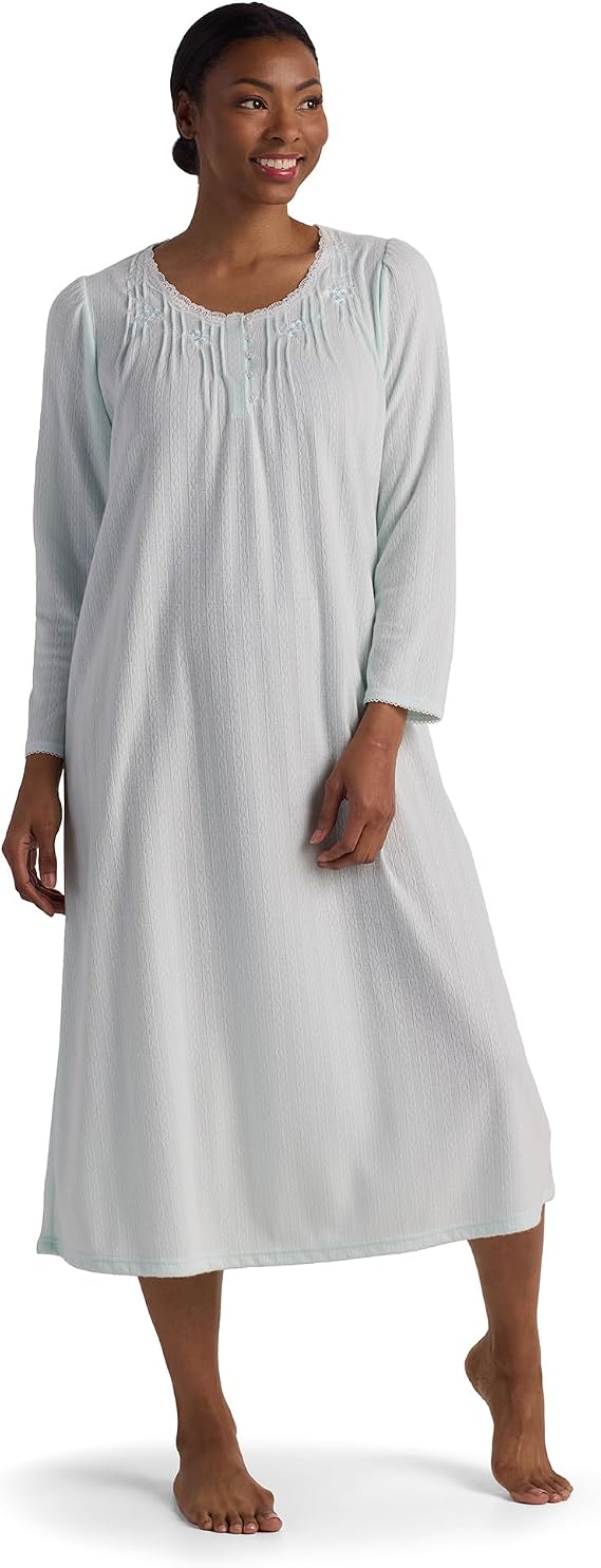 Miss Elaine Women's Long Pointelle Honeycomb Knit Nightgown, Long Sleeve Gown, Sleepwear & Loungewear