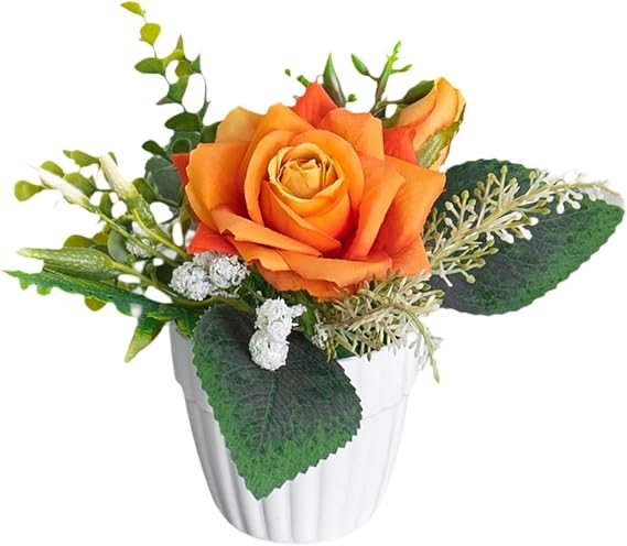 Artificial Potted Flowers Mini Fake Potted Plants Artificial Bonsai Desktop Ornament in Vase for Wedding Party Home Office Decorations - Orange