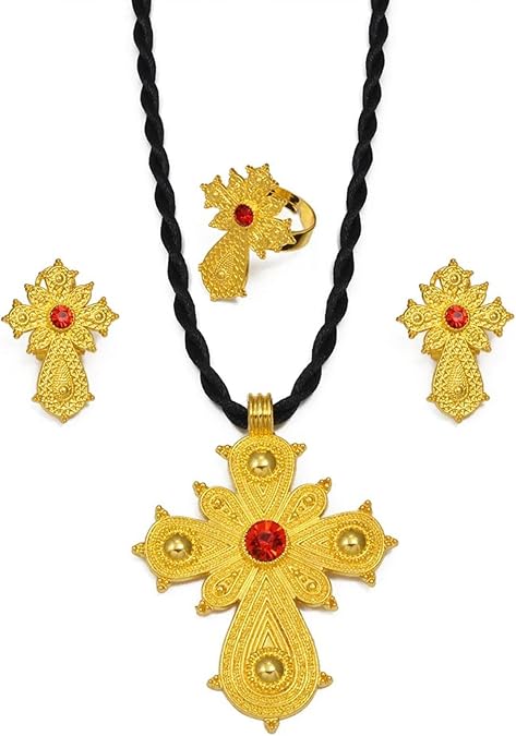Ethiopian Jewelry Sets for Women - Ethiopian Jewelry Sets Cross Necklace Earrings Ring - Ethiopian Traditional Jewelry - Ethiopian Eritrean Engagement Ornaments