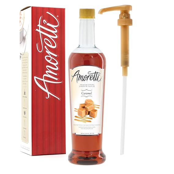 Amoretti - Premium Caramel Syrup, 94 Servings Per Bottle (750 ml), with Pump for Flavoring Coffees, Cocktails, and other Beverages, Gluten Free, GMO/GEO Free, Preservative Free