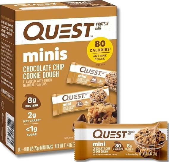 Quest Nutrition Mini Chocolate Chip Cookie Dough Protein Bars, 8g Protein, 1g Sugar, 2g Net Carbs, Gluten Free, 14 Count | 8g Protein, Less Than 1g Sugar, 2g Net Carbs, 5g Fiber, Gluten Free, High Quality Protein, Individually Wrapped 0.81oz Bars