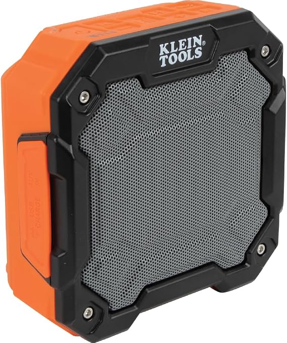 KLEIN TOOLS AEPJS3 Bluetooth Jobsite Speaker with Magnet and Hook, 20-Hr Run Time, Charge Via USB A or C, Pair Multiple Speakers via Broadcast, Hands Free Capable