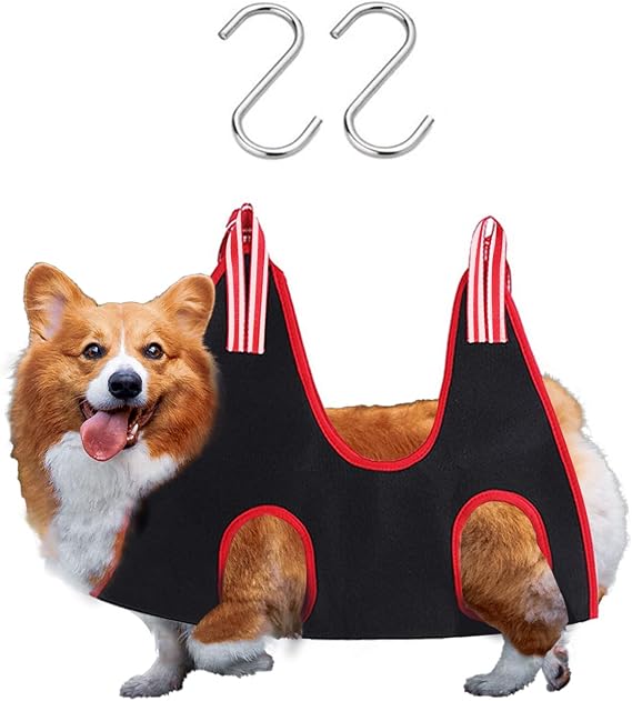Dog Grooming Hammock Harness, Pet Hammock for Grooming with 2 S Hooks, Dog Sling Harness for Cats&Dogs Teeth Cleaning, Shower, Nail Clipping Small&Medium Breed (Black M)