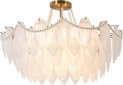 Chandelier, 12 Luxurious Glass Chandelier, Lede14 Lamp Holder, 5 Layers of Feather and Double Pearl Chain Design Luxurious Chandelier, for The Hotel Restaurant Living Room Cafe Study