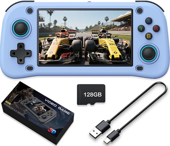 New Handheld Game Console,Built-in 64G with 15000 games,Linux System,Portable Handheld Video Game Console ，4.3 inch IPS Screen 30+ emulators& Linux System (Blue,128G)