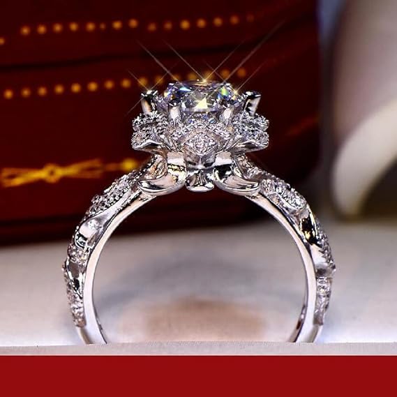 S925 Silver Women's Wedding Engagement Ring Hollow Flower Stars 1 Carat Diamond Ring AAA Cubic Zircon Engagement Ring (O)