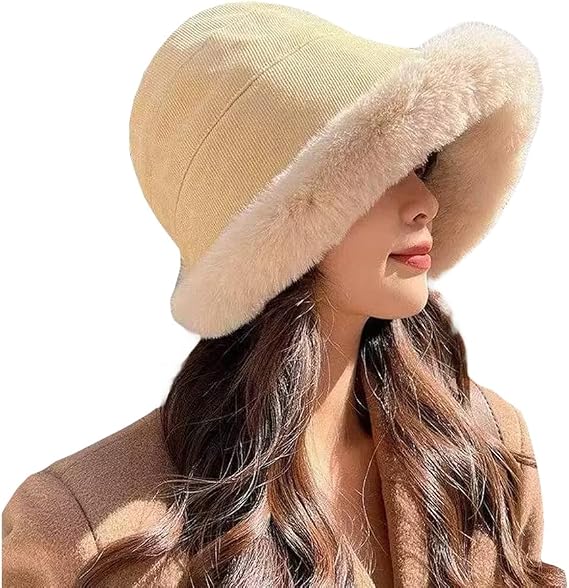 XYX Women Winter Knit Fleece Lined Bucket Hat Beanie Hat Rolled Brim Faux Fur Crochet Skull Cap