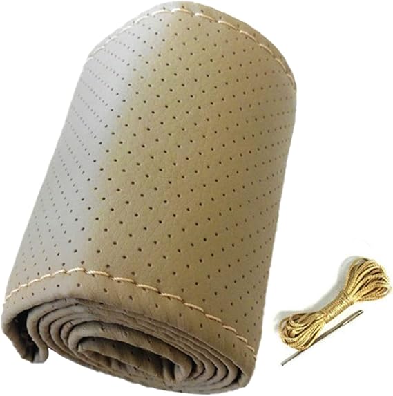Leather Steering Wheel Cover, 15 inch Car Steering Wheel Stitch On Wrap with DIY Sewing Needles Thread, M Size (Beige), HEADERBS56S7PERQZW-13