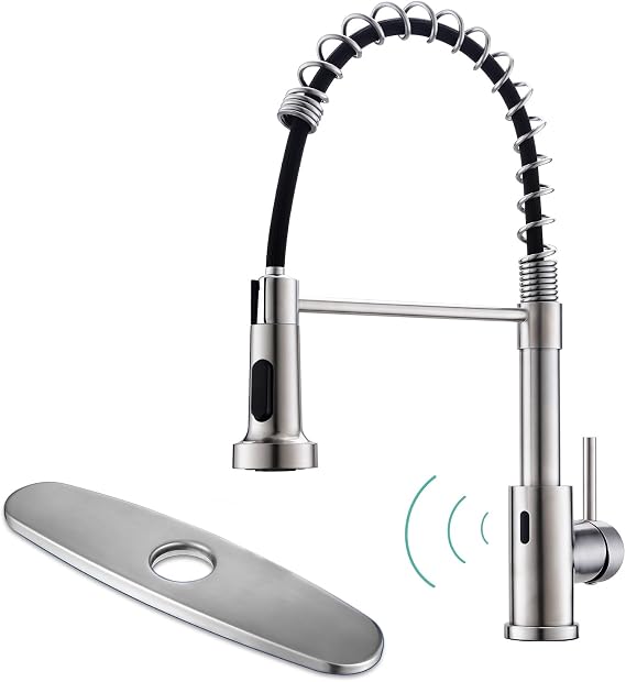 WEWE Touchless Kitchen Faucet with Pull Down Sprayer - Motion Sensor Kitchen Faucets Spring Single Handle Stainless Steel Kitchen Sink Faucet (Brushed Nickel) with Deck Plate