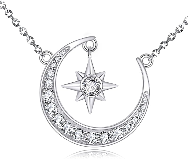 YFN Moon and Star Sun Necklace for Women Sterling Silver 925, Pentagram Luna Necklace Amulet Energy Pendant Jewellery Gift for Women daughters