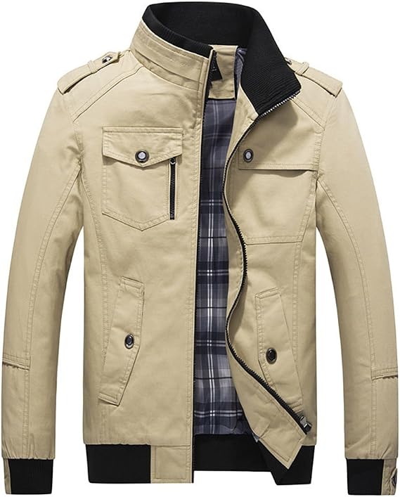 Men`s Classic Stand Collar Zipper Cotton Bomber Jacket with Shoulder Straps Khaki L