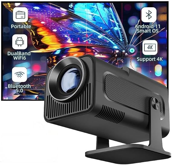 Smart Projector with built-in Apps, Wifi Bluetooth Projector 4K 1080P, Auto Keystone, Short Throw Projector and 270 Adjustable, Mini Portable Outdoor Movie Projector HY320 (NTV Black)