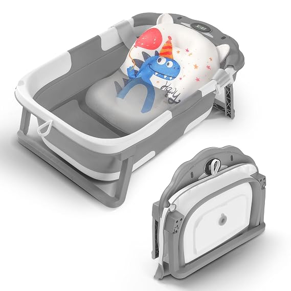 Baby Bathtub Collapsible with Thermometer & Cushion, Portable Travel Tub