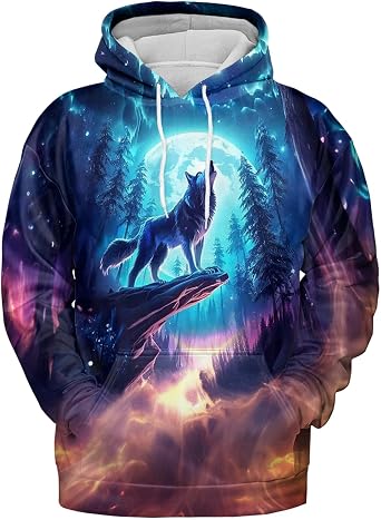 Wolf Hoodies For Men 3D Print Three Wolf Moon Adults Wolves Face Hooded Galaxy Sweatshirt Wolf