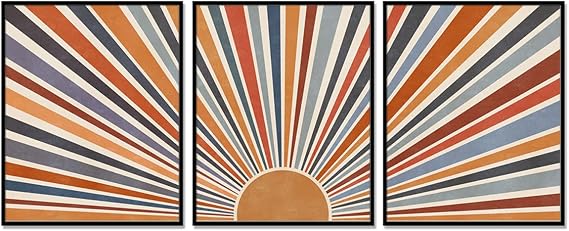 Sun Rays Print Boho Wall Decor Mid Century Modern Geometric Sunshine Wall Art Abstract Sun Boho Print Nursery Blue Orange Decor Set Of 3 UNFRAMED 11X14INCH