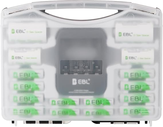 EBL Black Super Power Rechargeable Battery Box for Household Electronics | Include : 8 AA Batteries + 4 AAA Batteries + 40Min iQuick Battery Charger and 2pcs C/D Adapters, Mercury-Free, 1200 Cycles