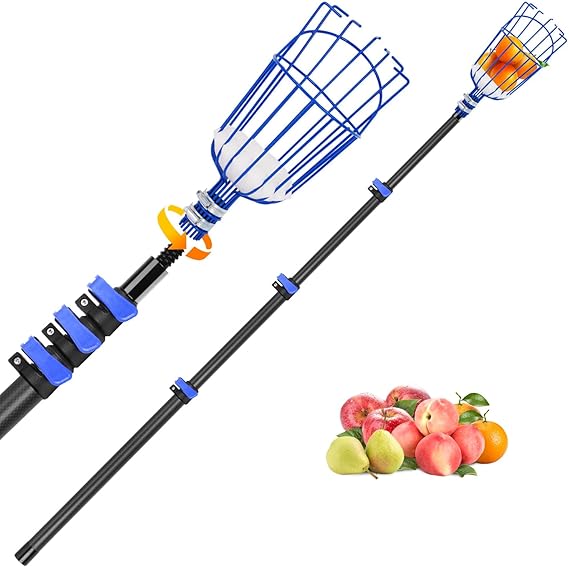 DOBEN Carbon Fiber Telescopic Fruit Picker, 12FT Extendable Pole with Picking Basket for Harvesting Apples, Oranges, Pears, Avocados on High Trees - Lightweight & Durable