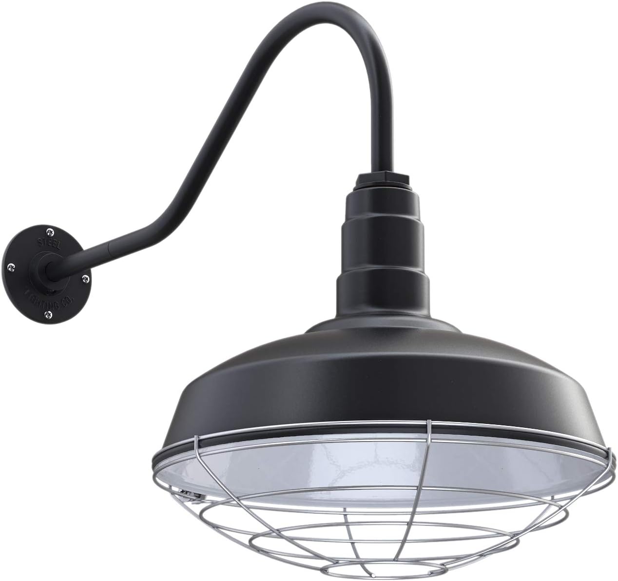 The Gardena Gooseneck Barn Light | Standard Warehouse Steel Dome on a Gooseneck | Barn Lighting and Farmhouse Lighting | Made in America 23" Gooseneck  Wire Guard, Matte Black