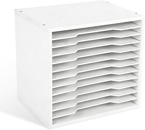 12 Slot 10" x 13.1" Scrapbook Paper Organizer Storage, Wood Adjustable Coated Finish Shelves, Stackable Paper Sorter Holder with Extraction Slot for Craft Room Home Office Classroom Desktop, White