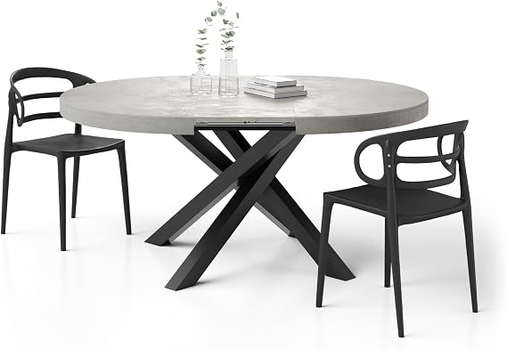 Mobili Fiver, Emma Round Extendable Table, 47.2-63 in, Concrete Effect, Grey with Black Crossed Legs, Made in Italy